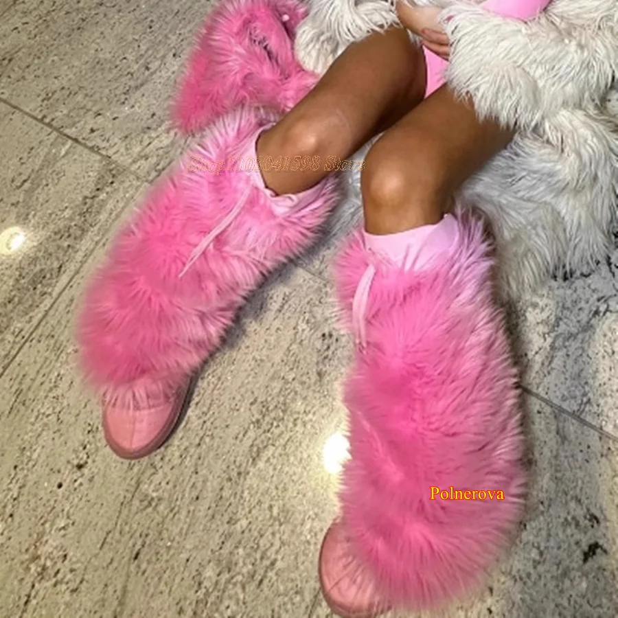 Pink Furry Knee High Boots,Autumn Winter Warm Boots Comfortable Round Toe Platform Long Boots Party 2023 New Zapatos Para Mujere