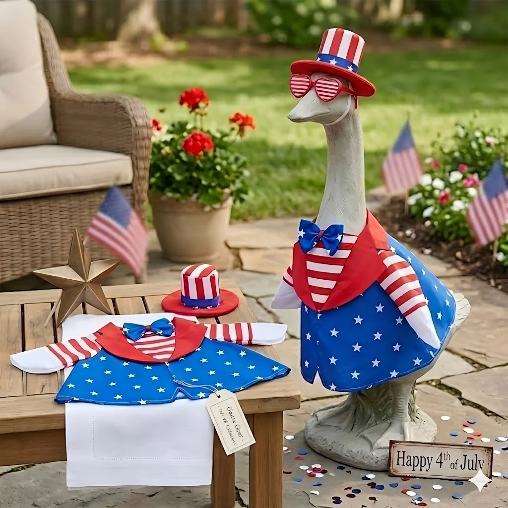 New Patriotic Themed Porch Goose Costume, Exclusive Set for 23 Inches, Includes Hat, Glasses, Bow And Dress. Designed with Red, White And Blue Star And Stripe Elements, Made Of High-Quality Fabric, Sturdy, Durable And Fad And Halloween, Christmas
