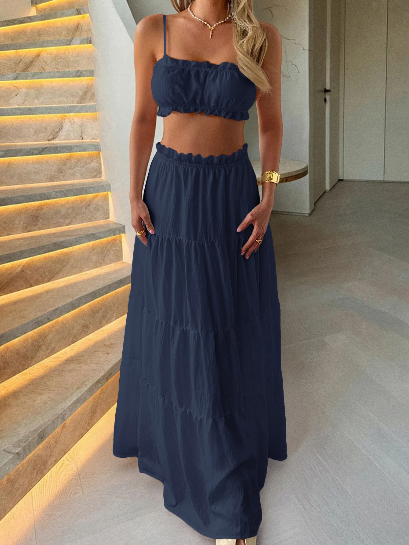 

Summer New Solid Color Square Neck Pleated Design Camisole Top and High Waisted A-Line Skirt Set for Women's Vacation Style