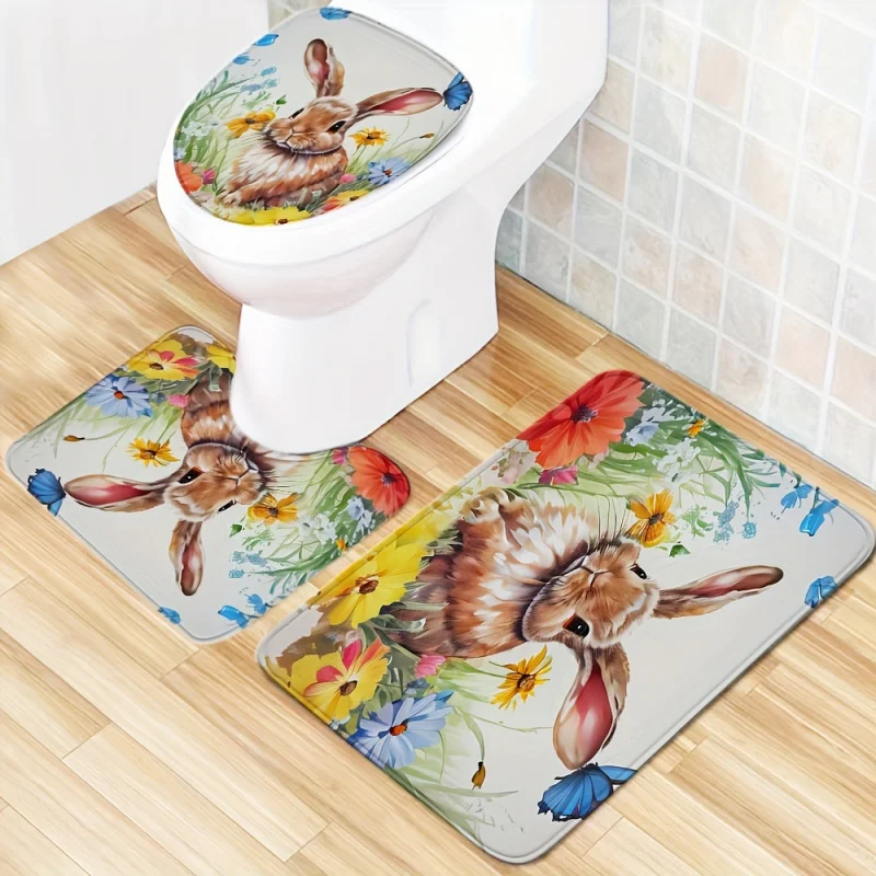 1pc Easter Flower Bunny Print Bath Mat, Anti-fatigue Absorbent Pad, Non-Slip U-Shaped Contour Rug, Fashionable Textured Curtain,