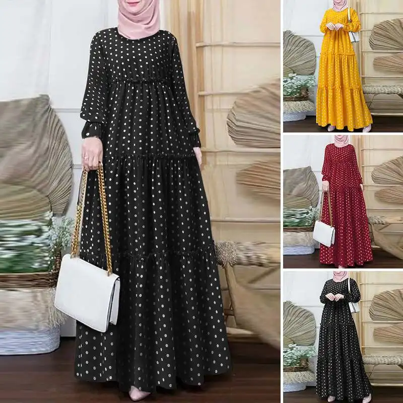 

New Bohemian Dotted Prints Muslim Dress Casual Elegant Robe Festival Party Ruffle Robe Women Abaya Dresses