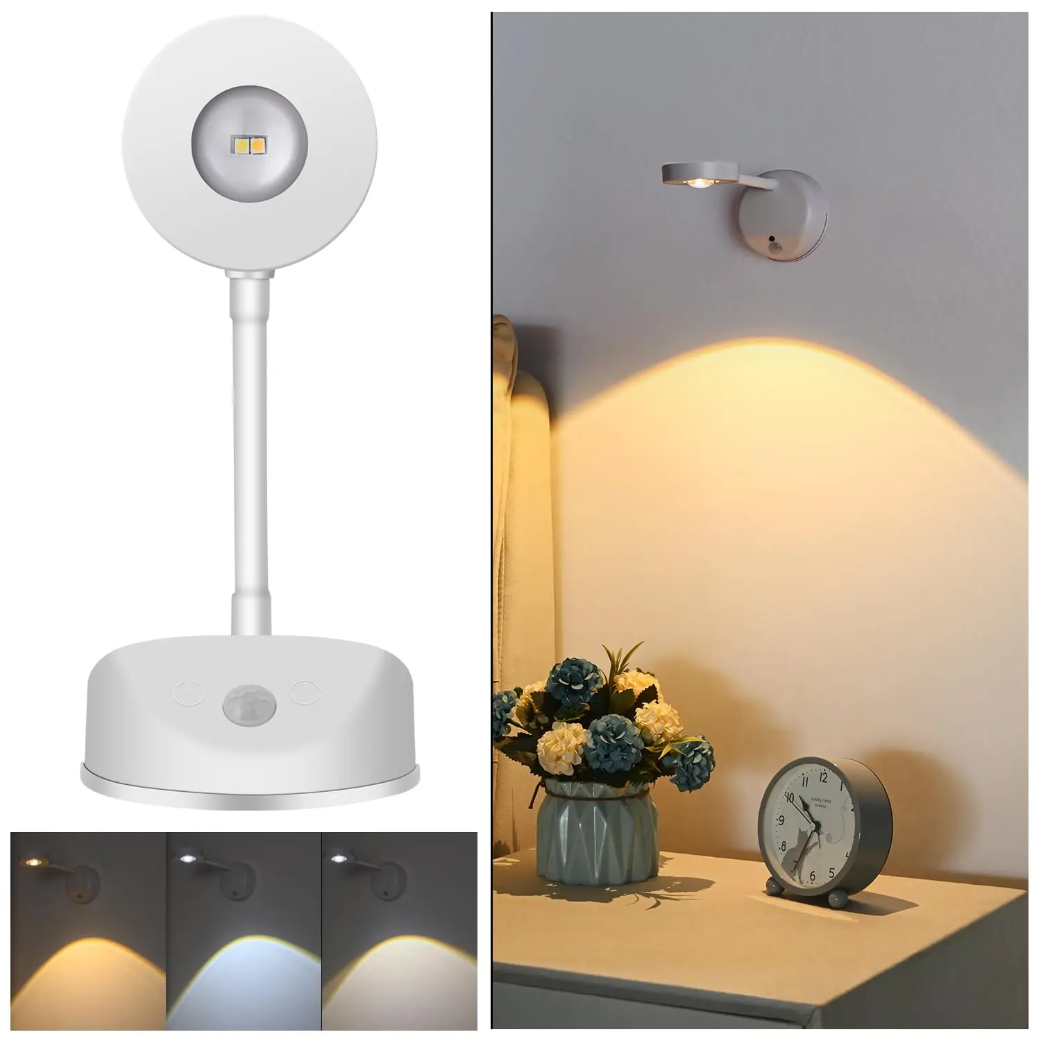 

LED Motion Sensor Night Light Rechargeable Wall Sconce Picture Light Dimmable 3Color 360°Rotation Wireless Wall Lamp for Bedroom