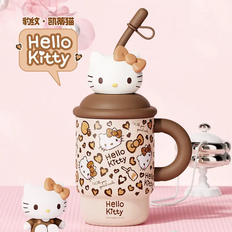 

Kawaii Hellokitty Leopard Print Insulated Straw Cup Large Capacity Portable Travel Coffee Mug Water Bottle for Teen Girls