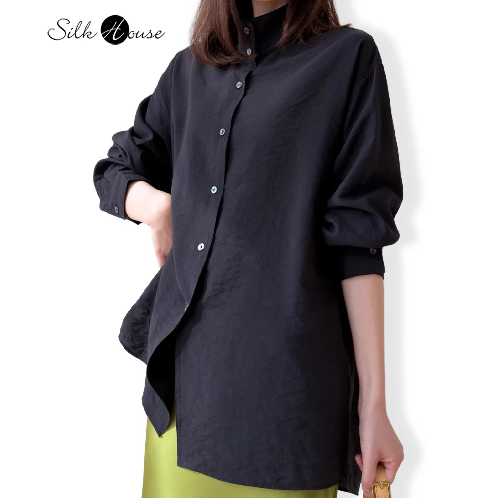 

2026 Women's Casual Clothing Black 76% Natural Mulberry Silk Dry Silk Turn-down Collar Long Sleeved Loose Breathable Shirt