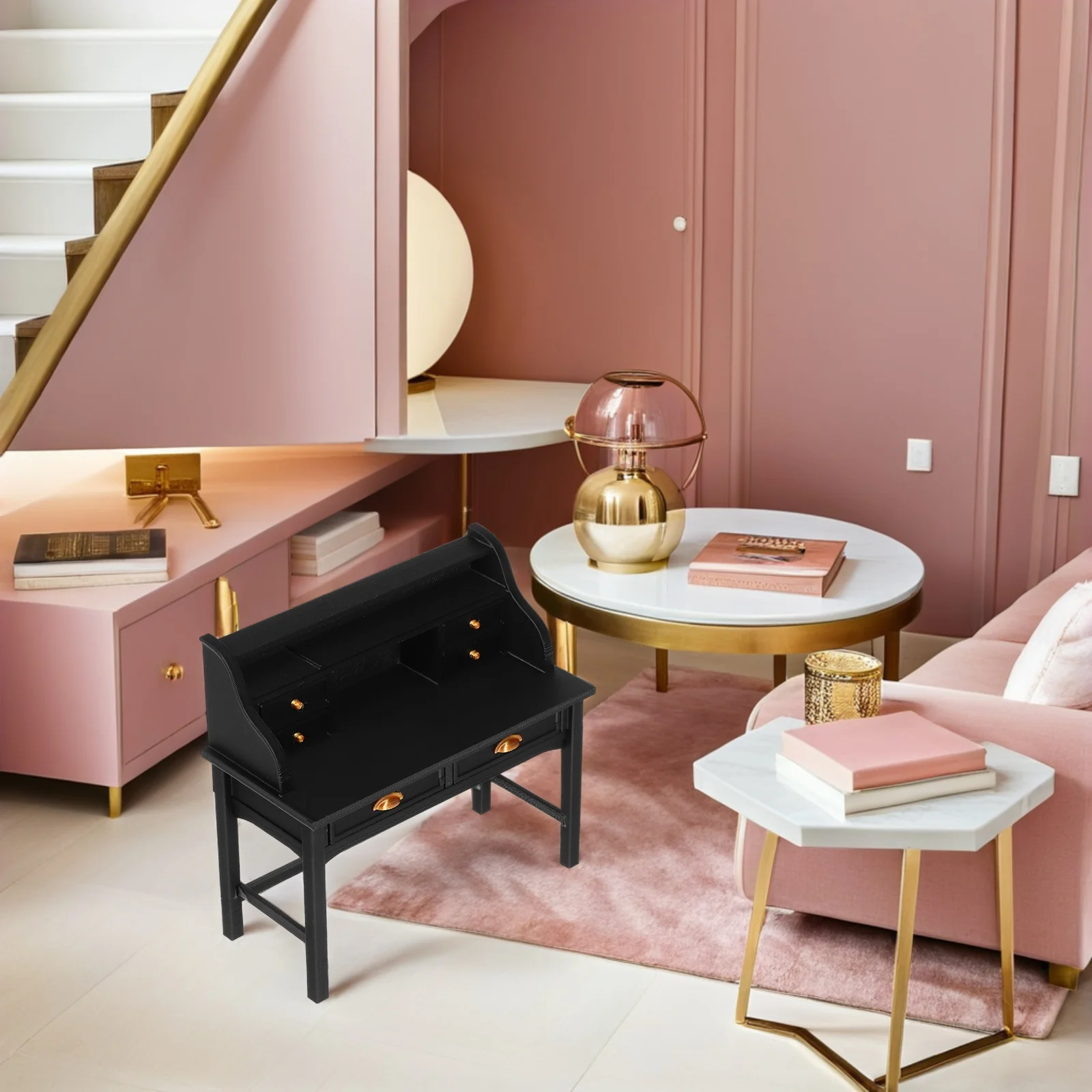 Mesa de estudo em miniatura em escala 1:12, mini móveis realistas para quarto, biblioteca, mesa resistente, acessório para brincar de fingir, quarto infantil