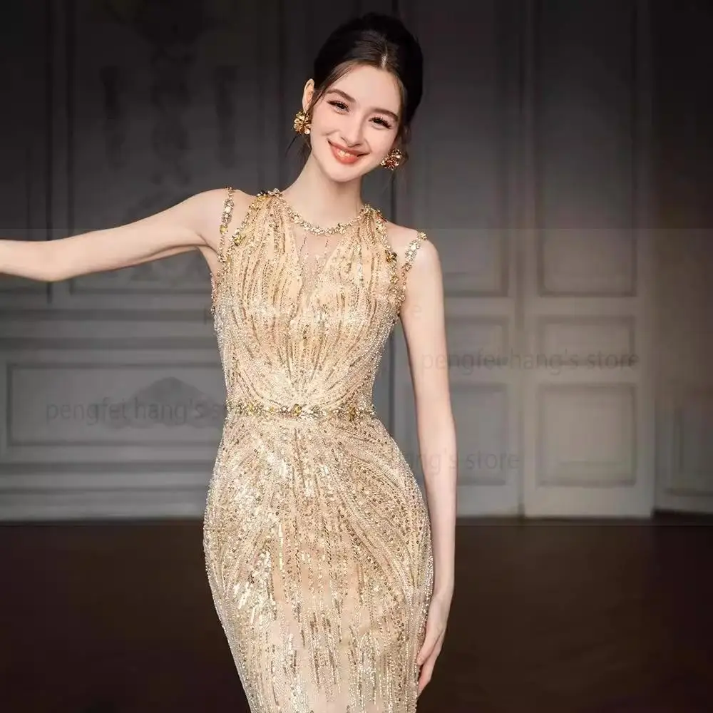 Gold Bride Wedding Banquet Gown Luxury Sequins Mermaid Vestidos Long Robe De Soiree Lady Sleeveless Cheongsam Maxi Dress