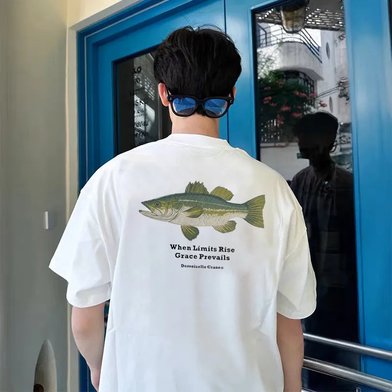 アメリカンスタイル半袖tシャツ釣り文化スローガンi-irie-fiing-clubパーチフィッシュデザイン通気性のあるコットンtシャツ