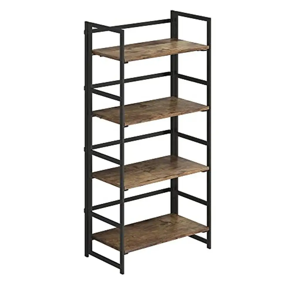 Folding Vintage Bookshelf Storage Plant Stand Display Rack Floor Mount 4 Tiers Metal Retro Tiered Shelf Trpezoid Design Durable