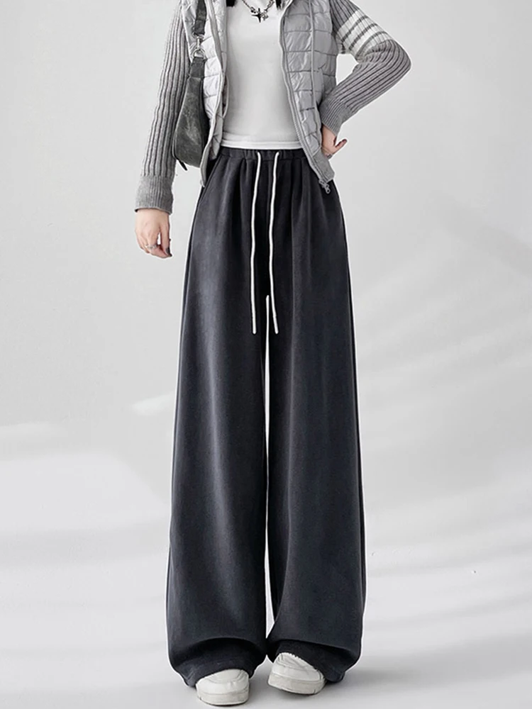 خريف شتاء بنطال ذو قصة أرجل واسعة النساء خمر فضفاض عادية كسول الرياح مستقيم بنطلون الصلبة بسيطة سميكة Harajuku مكتب سيدة السراويل