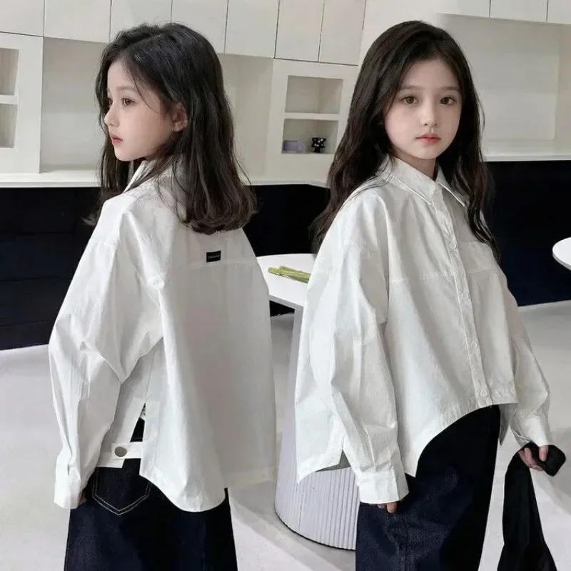 

Spring and Autumn Girls' Solid Color Shirt Fashion New Style Children's White Long Sleeve Shirt 5-15 Years