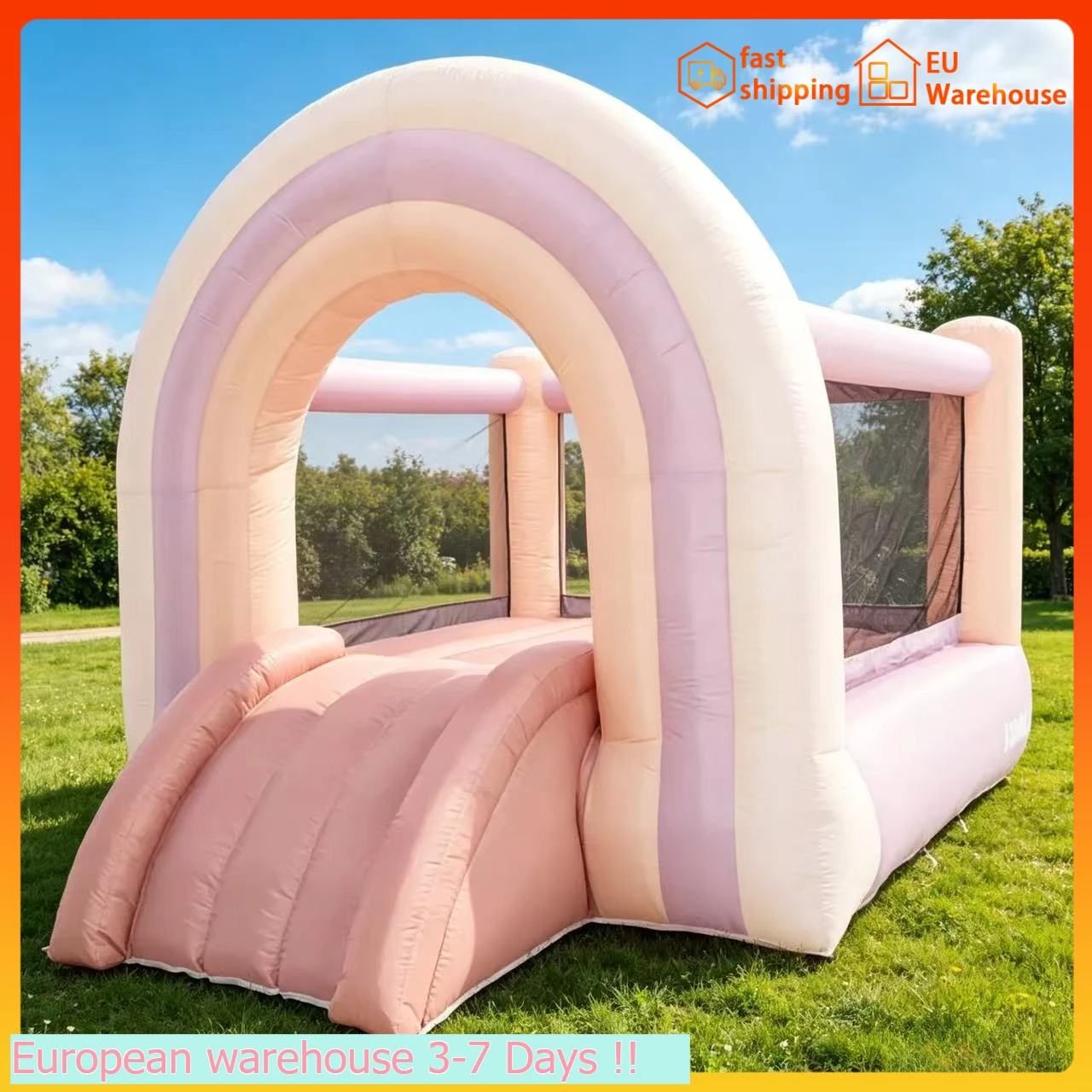 Château gonflable arc-en-ciel pastel avec toboggan pour jeux en extérieur, PVC de haute qualité, gonflage rapide, imperméable, amusant, stock UE