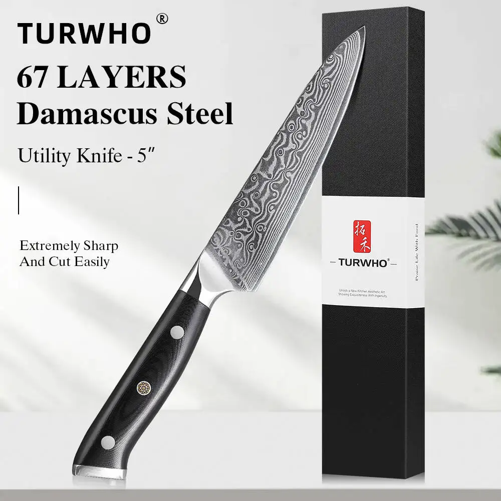 TURWHO 5“ Allzweckmesser Japan 67-lagiges Damaskus VG10 Stahlkern Kochmesser Multifunktions-Schälmesser Schneiden Küchenmesser