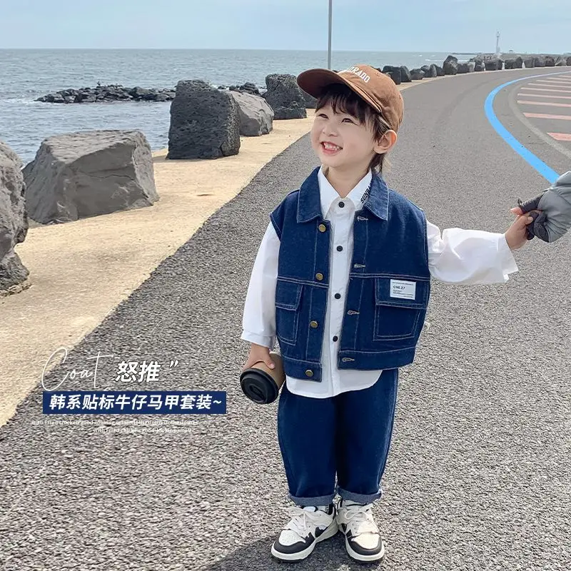 3 PCS set Autumn Spring Boys White TShirt+Loose Harem Pants +Blue Denim Vest Kid Children baby Gentleman Handsome Streetwear Clo