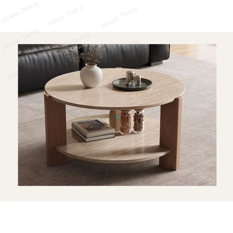 Solid wood round coffee table small apartment living room,  simple side table antique double-layer tea table