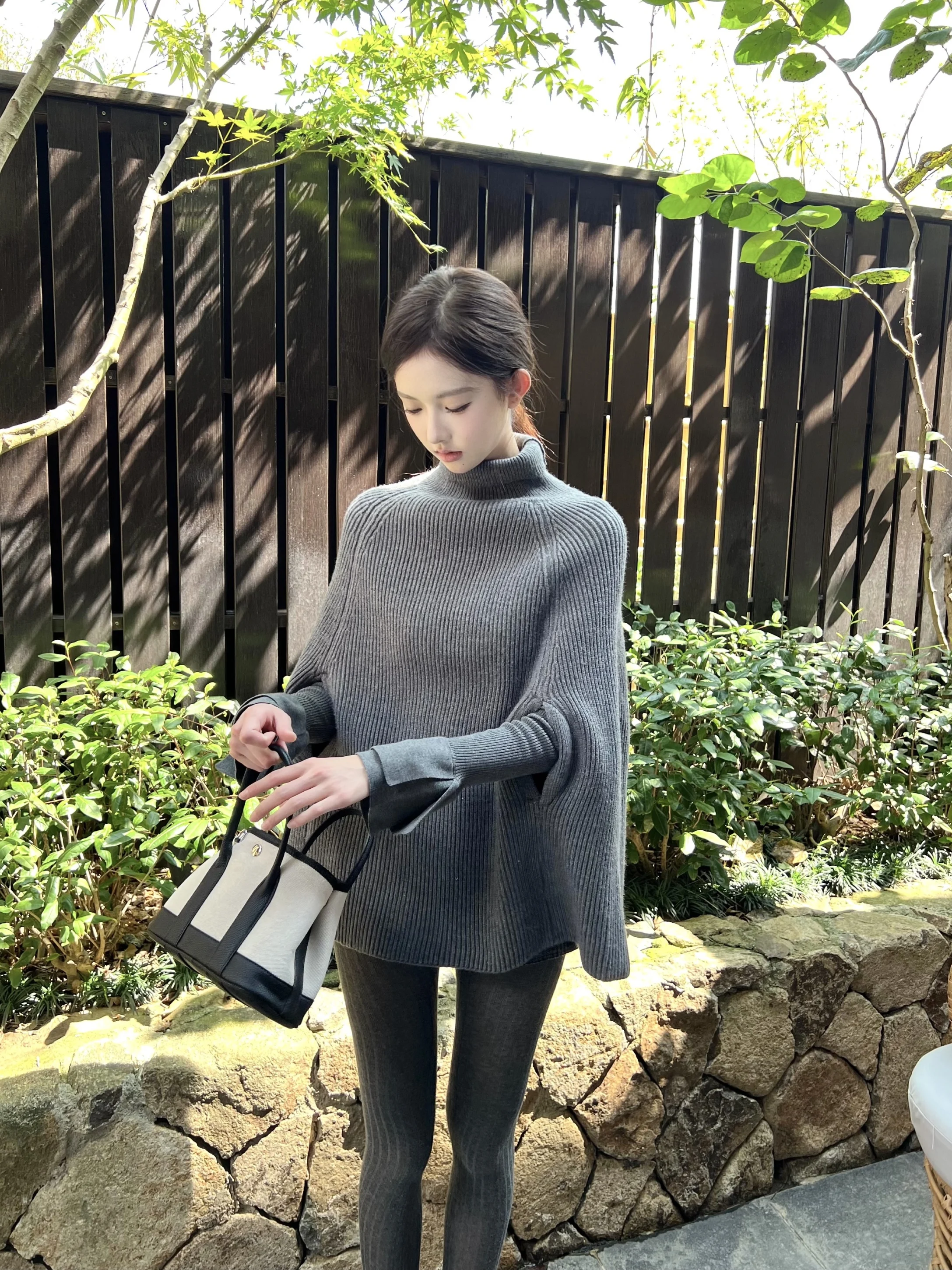 

Ele High Collar A-Line Knitted Cowl-Ne Sweater Outerwear Long Sve Mid-Length Loose Fit Women's Knitwear Coat