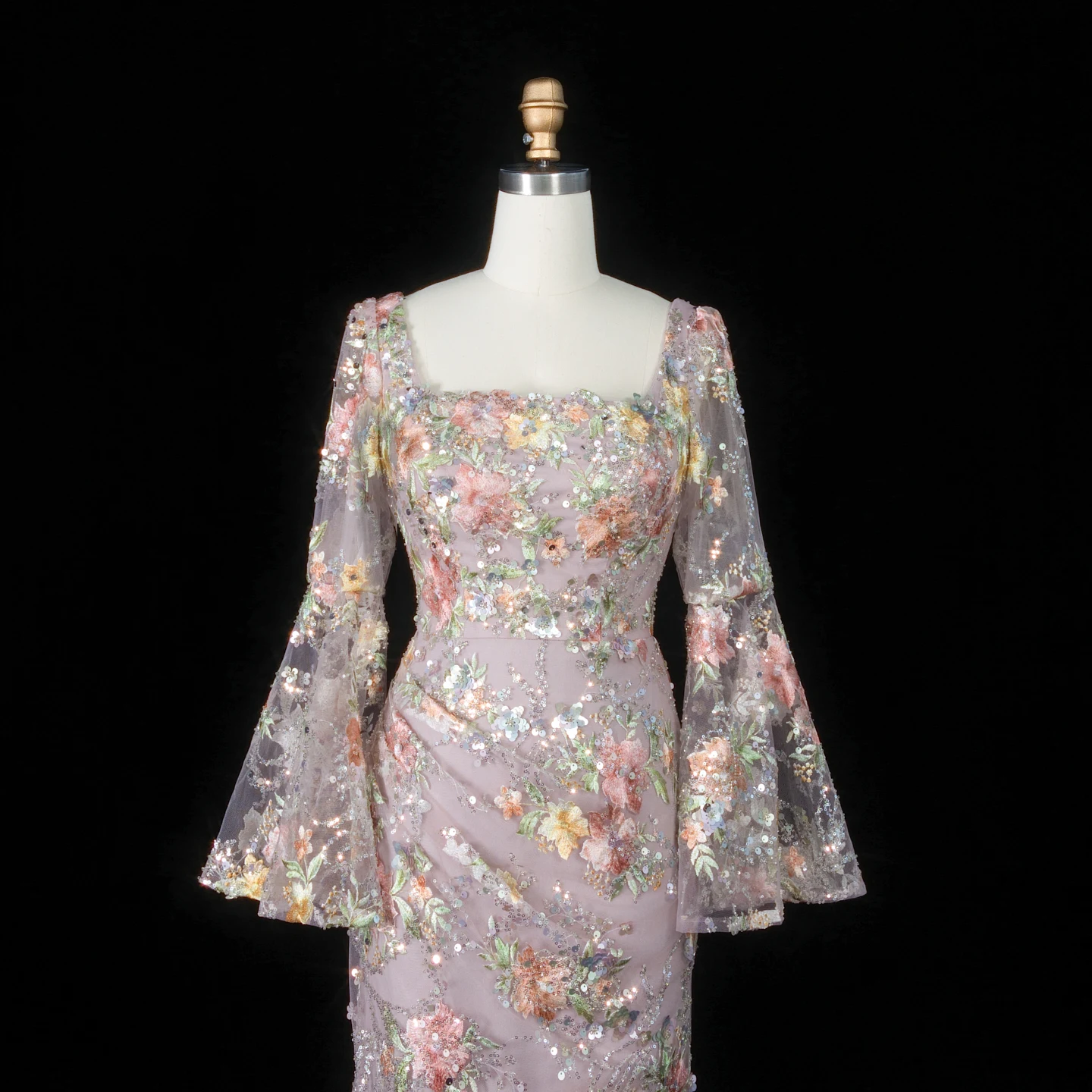 Sharon Said Luxuriöses rosafarbenes, floral besticktes Meerjungfrauen-Abendkleid mit eckigem Ausschnitt, Partykleid für Damen, SS465, maßgeschneidert – Detail 10