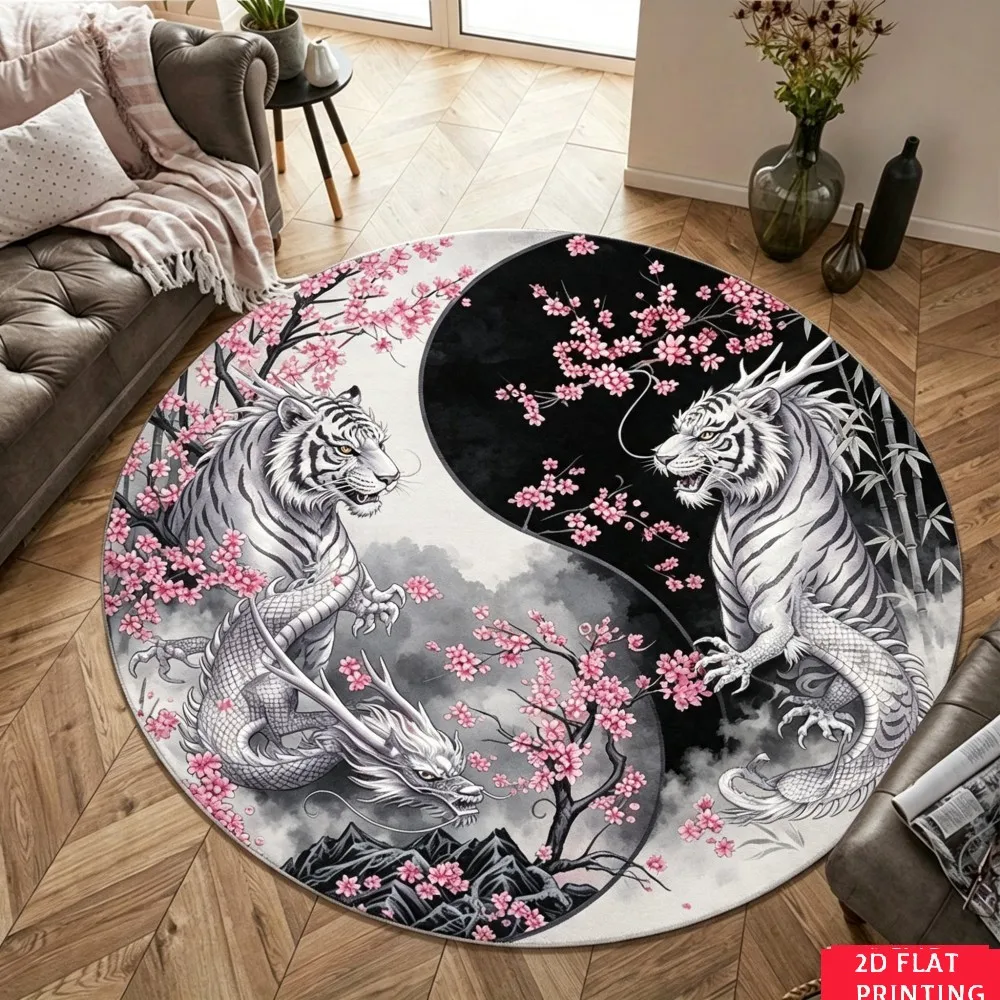 Yin Yang Dragon And Cherry Blossom Round Printed Carpet Zen Living Room Bedroom Home Decor Non Slip Floor Mat Area