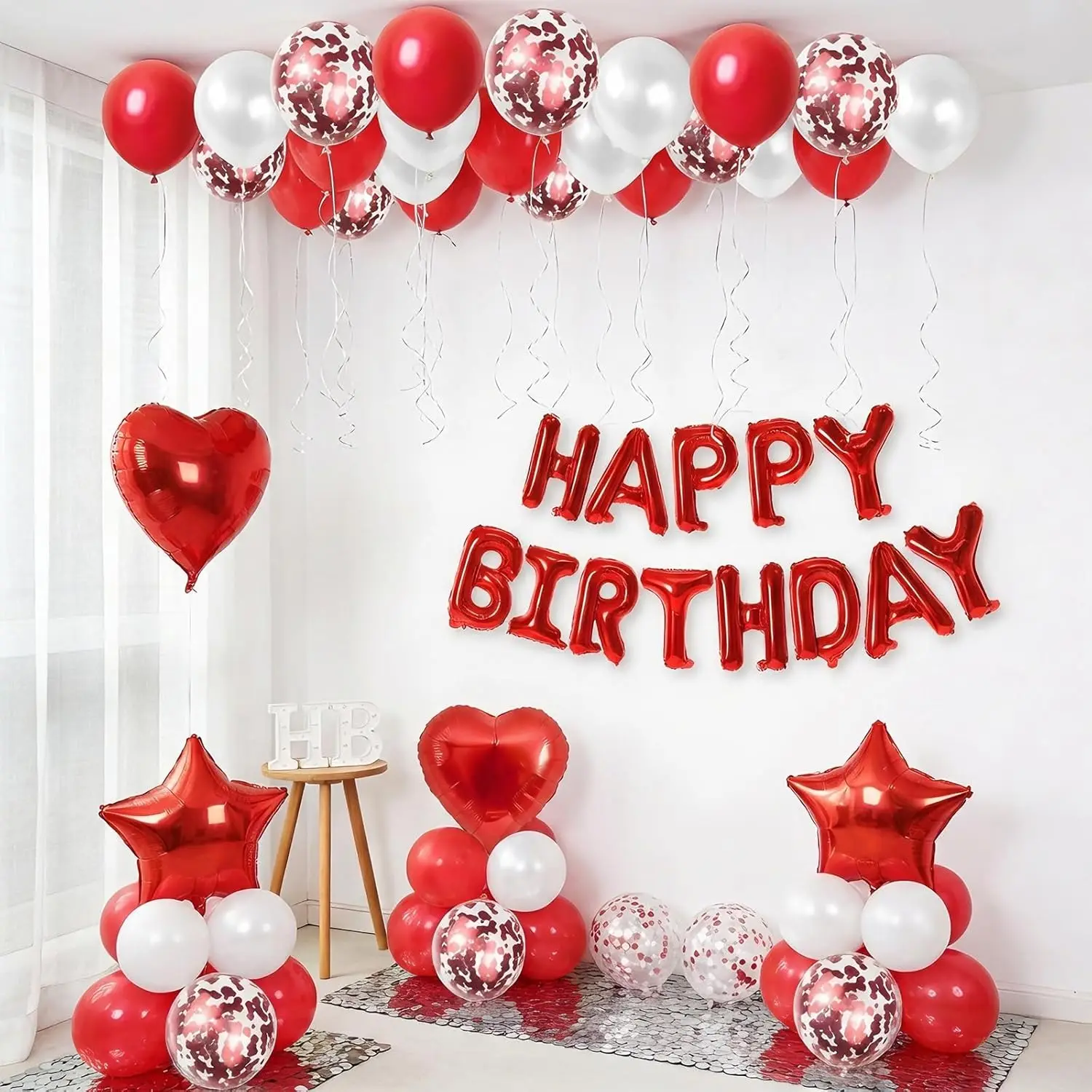 Red & White Birthday Decor Set - Happy Birthday Banner & Heart/Star Foil Balloons for Women & Girls' Birthday Party