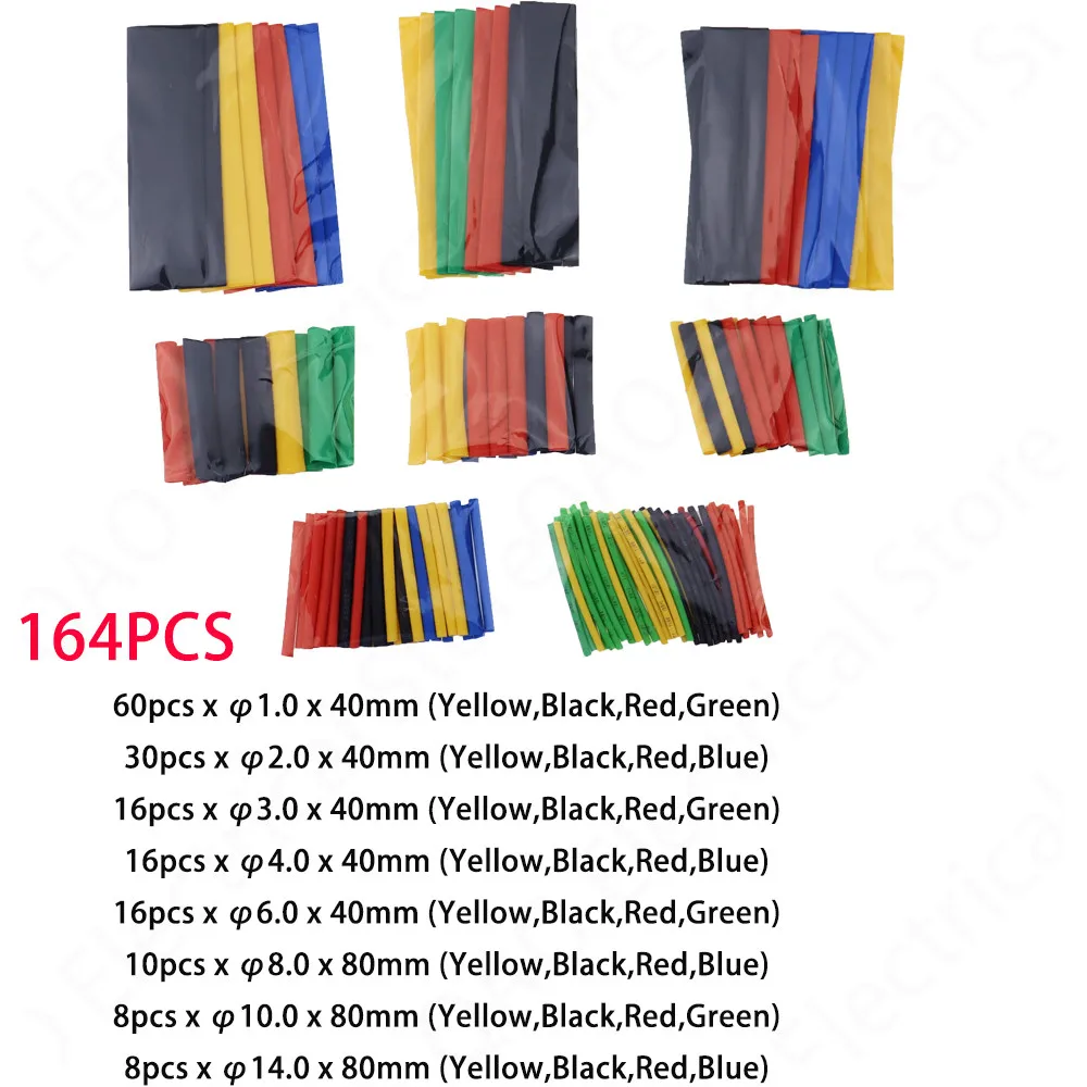 164pcs 328pcs 530pcs 127pcs/Bag Heat Shrink Tube Kit Shrinking Assorted Polyolefin Insulation Sleeving Wire Cable 8 Sizes 2:1