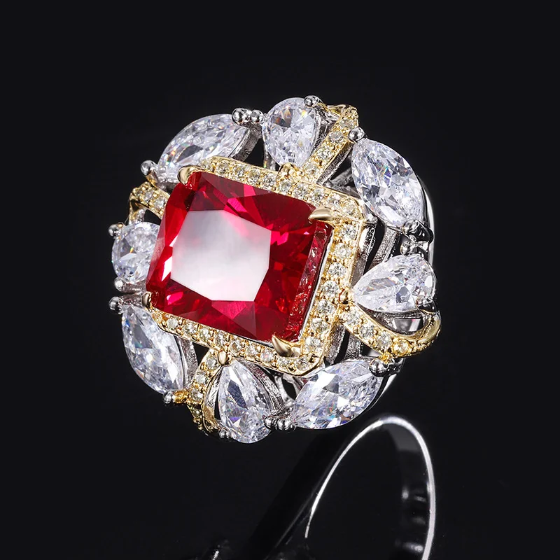 Luxury brand genuine real jewels S925 Full body silver Tiktok simulation pigeon blood red treasure color separation pendant ring