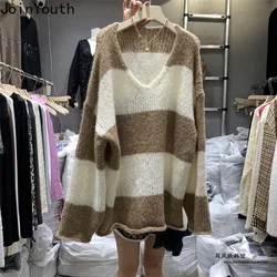 Striped Sweaters for Women V-neck Fashion Casual Jumper Sueter Mujer Y2k Tops Korean Knitting Oversized Pullovers Pull Femme