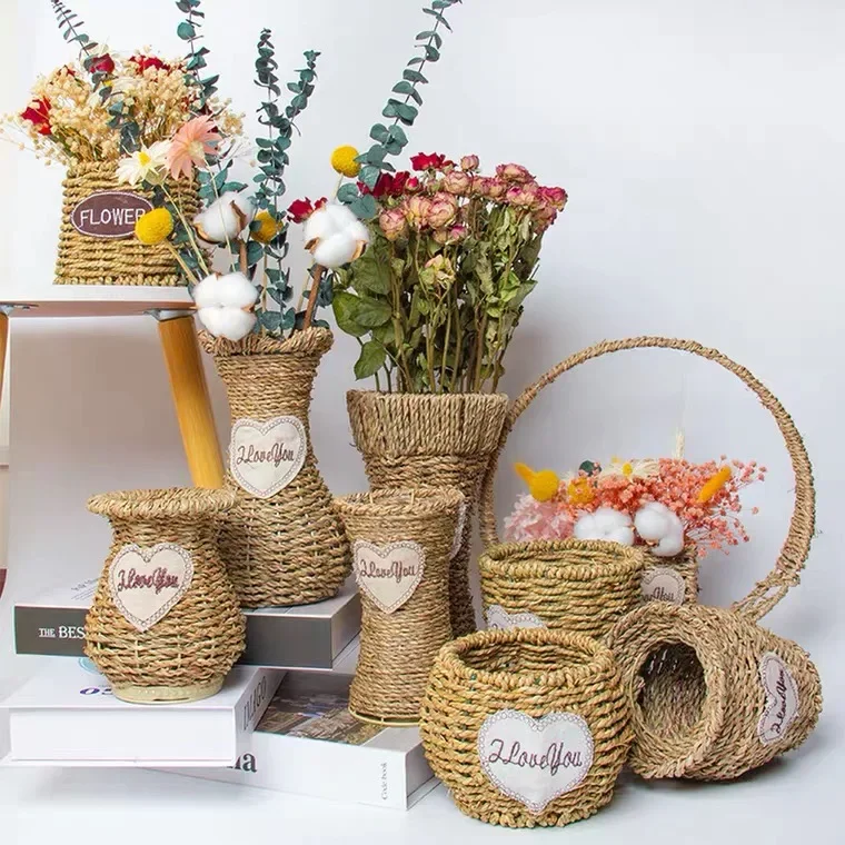 

Straw woven flower basket vase ornaments portable living room flower arrangement starry dried flowers Nordic modern minimalist