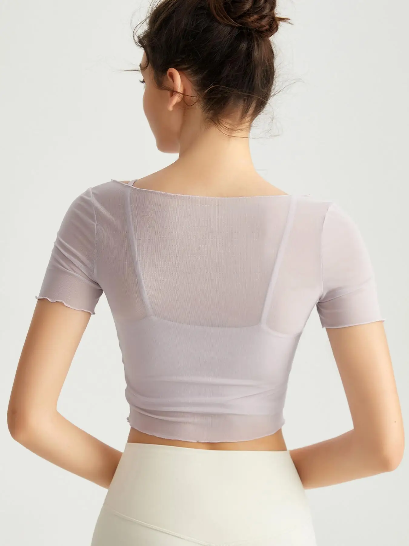 Women's 2 Piece Yoga Top Set, Cami Tank Top and Sheer Mesh Short Sleeve Crop Shirt for Gym Pilates Fitness