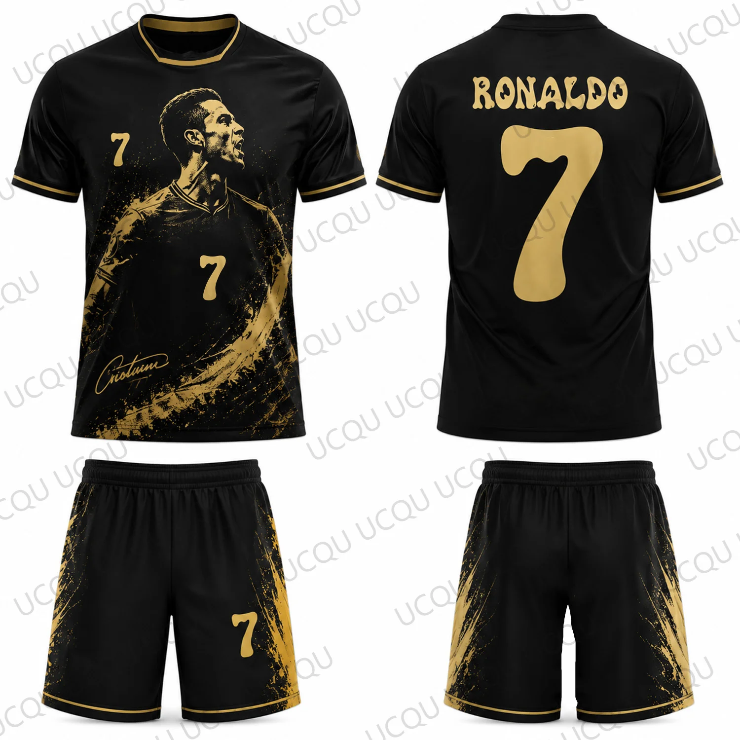 Neues Ronaldo 7 Fußballtrikot-Set Schwarz-Gold Grafik-Fußballausrüstung Herren Kurzarm-Shirt Shorts Socken Streetwear Fan-Geschenk