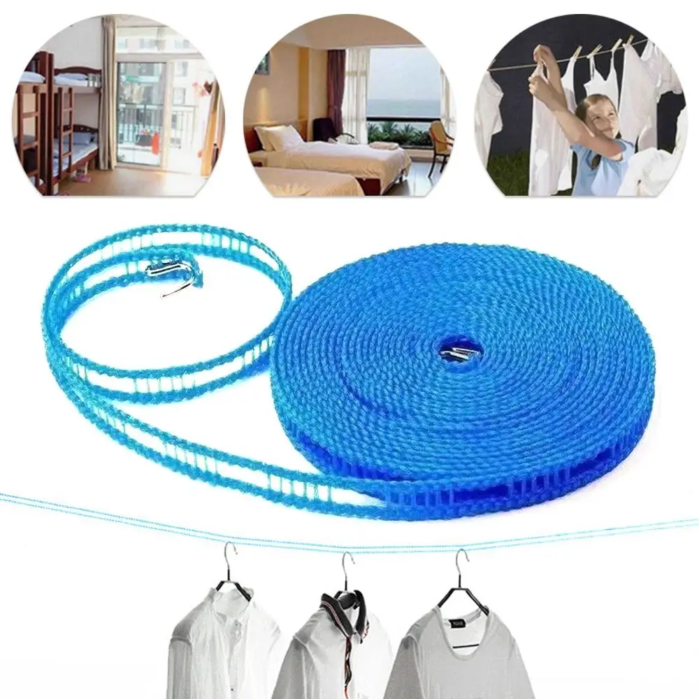 Non Slip Nylon Windproof Clothes Line with Hooks Blue Clothesline 10M Basking Rope Indoor Outdoor