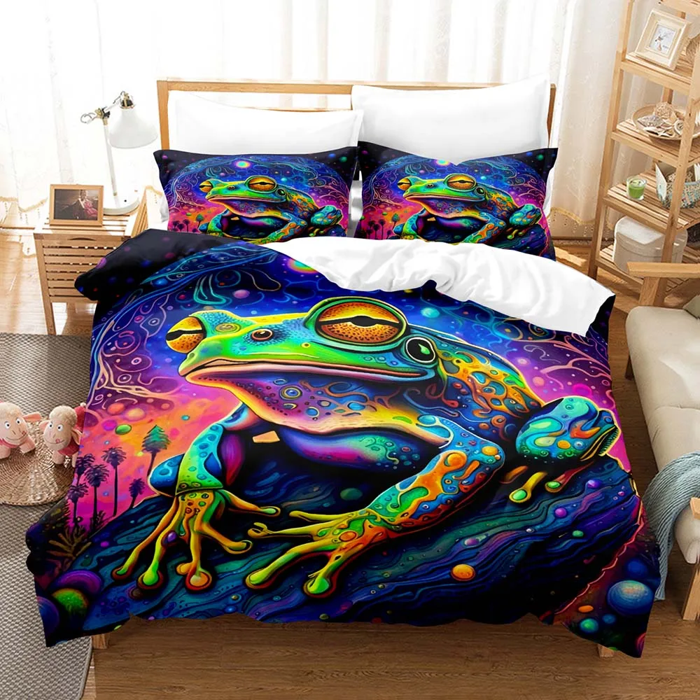 Kawaii Colorful Frog Art Music Adventure Three Piece Bedding Set Luxury Comforter Set with Queen King Size Including household g