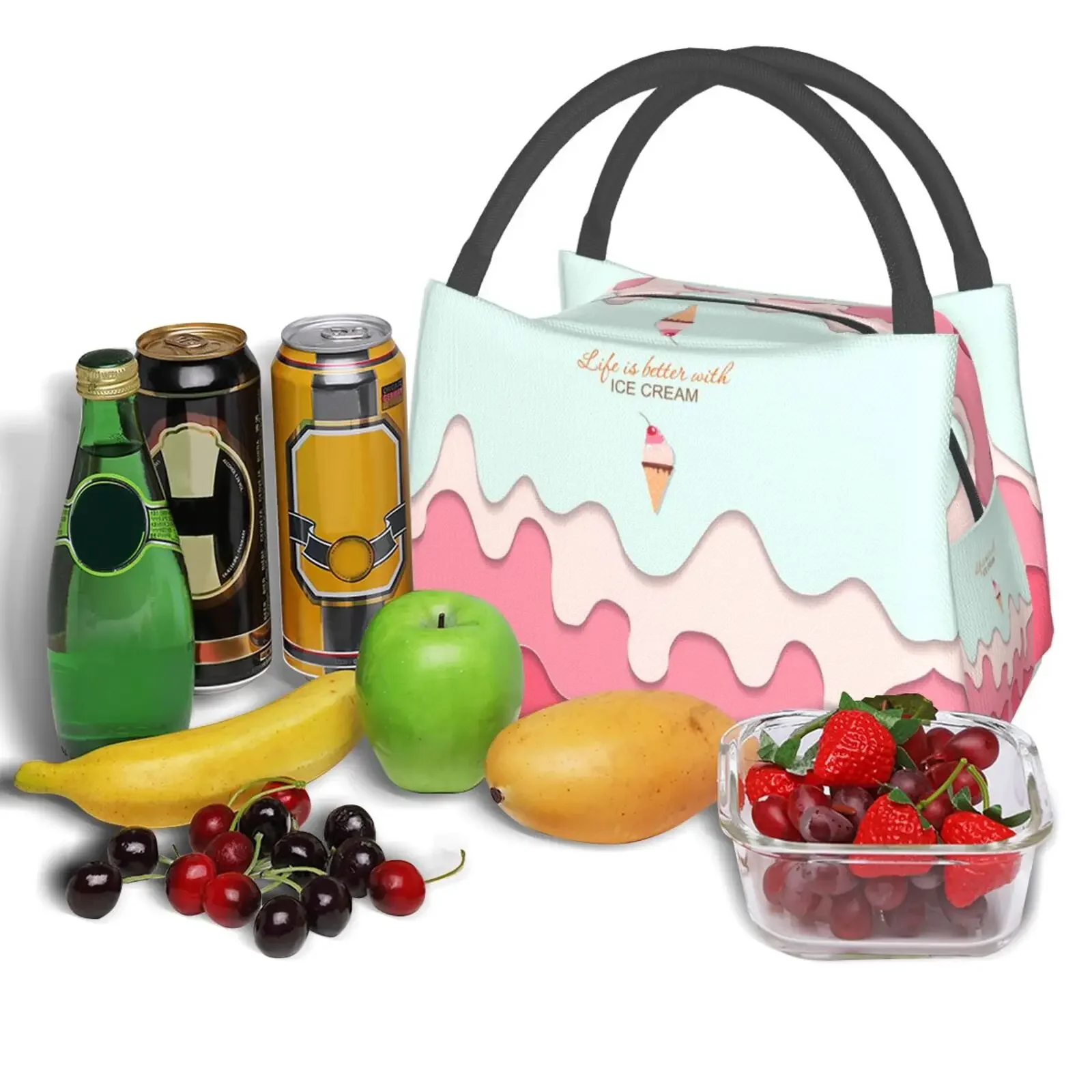 Cute Ice Cream Life Lunch Bag Bento Insulated Bag Cooler Bags for Kids Girls Women Tote Bag for Outdoor Shcool Work Picnic