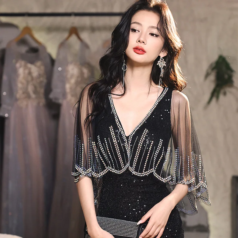 

High Quality French Shawl Sequins Evening Dress Light Luxury Black Birthday Banquet plus Size Host Fishtail