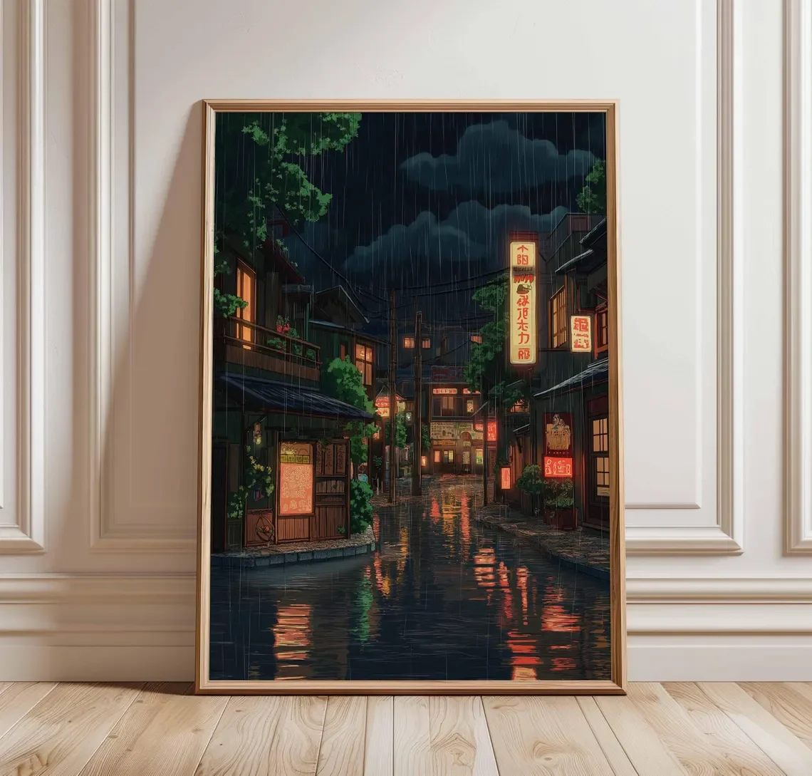 Rainy Night in Japanese Alley Poster, Street Lanterns and Reflections, Urban Japanese Cityscape Art Print, Japanese Wall Art