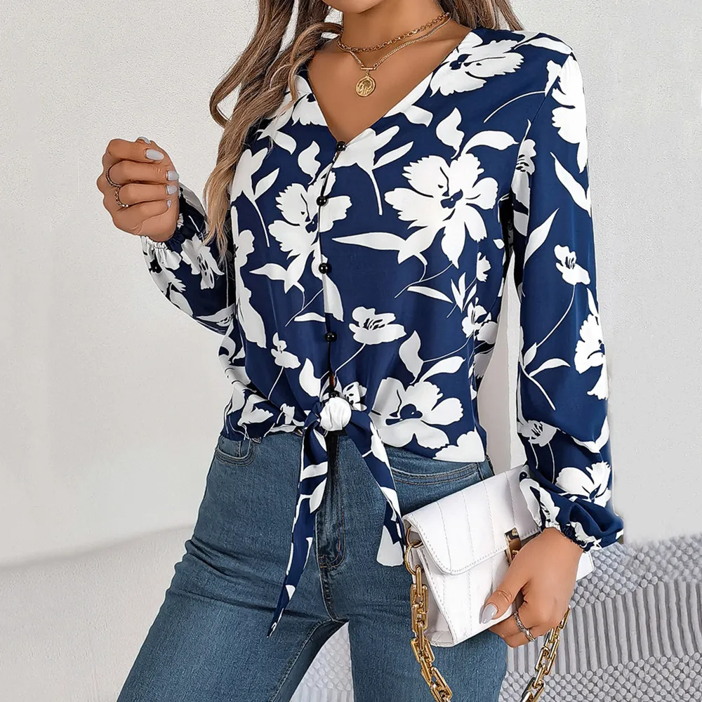 Office Lady Floral Print V Neck Shirt Women Casual Button Bow Tie Long Sleeve Navy Blue Elegant Korean Version Blouse Summer Top