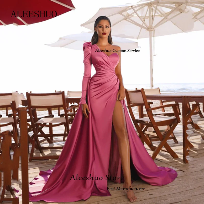 Aleeshuo Exquisite Hot Pink Mermaid Evening Dresses Satin One Shoulder Prom Dress Women Long Sleeves Cocktail Party Gown 2024