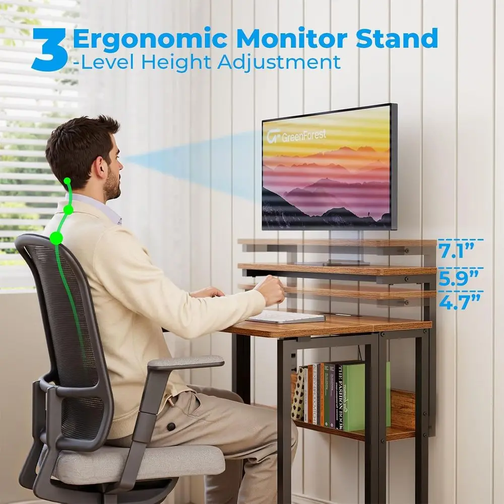 24.8 Adjustable Monitor Stand Desk with Storage, Rolling Walnut Home Office Table, USB Charging