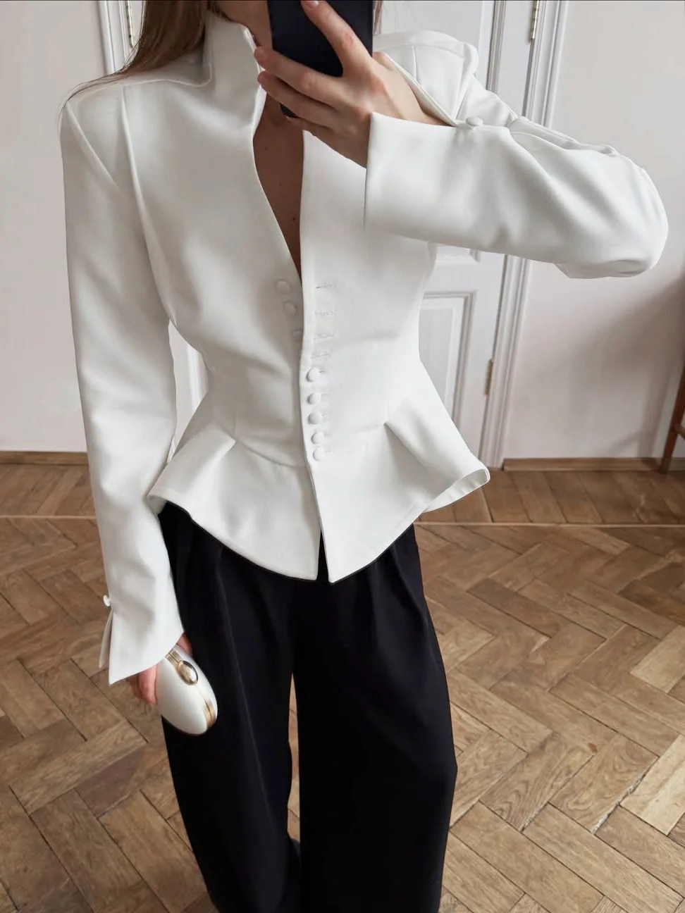 Women's Slim Fit Stand up Collar Jacket Autumn White Waist Cinched Buckle Design Lotus Leaf Hem Slimming Commuting Outerwear