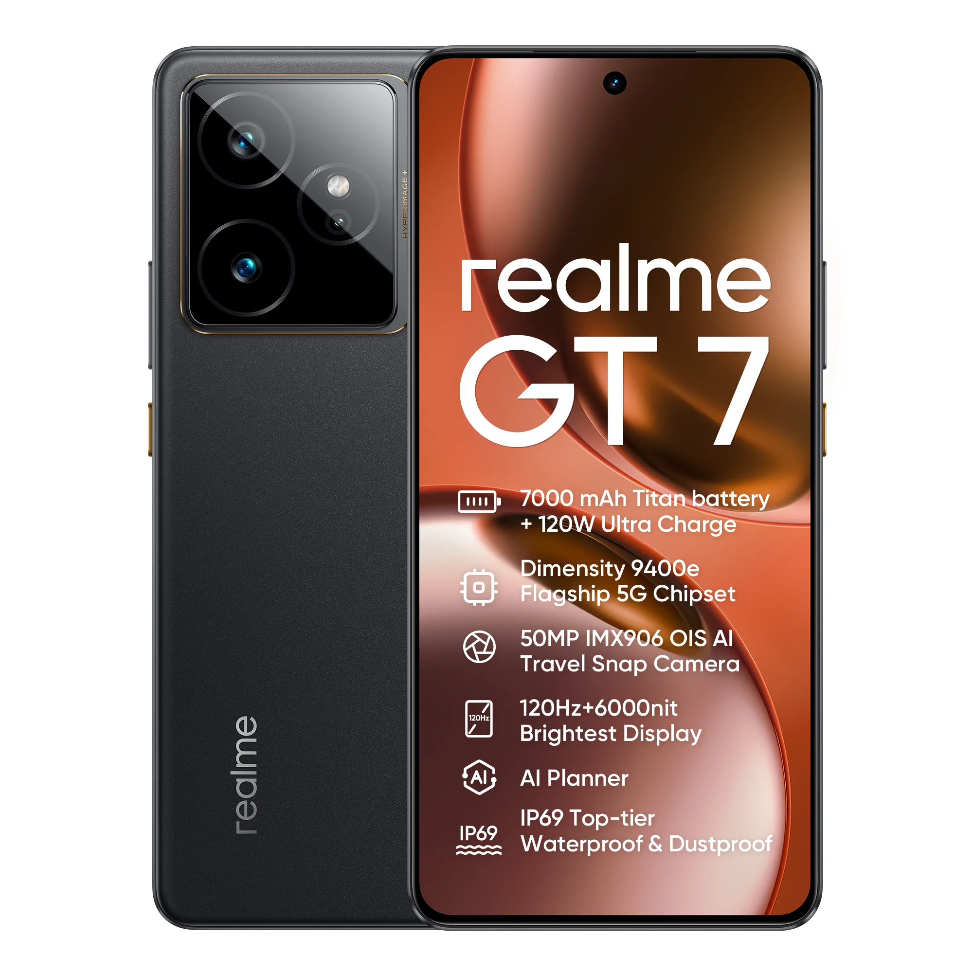 Smartphone Realme GT 7 5G, processore Dimensity 9400E, batteria da 7000 mAh, ricarica da 120 W, fotocamera da 50 MP con sensore Sony IMX906 e stabilizzazione ottica dell'immagine (OIS), NFC.
