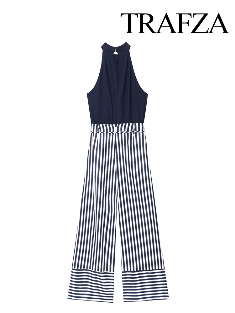 TRAFZA-mono a rayas sin mangas con decoración de cinturón y cuello redondo para mujer, mono con bolsillos en la espalda y cremallera hueca, moda de verano