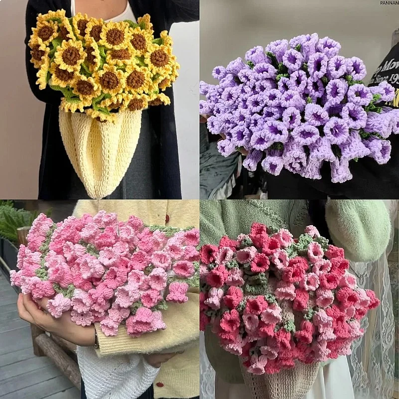 Creative 80cm Flower Bouquet Blanket Finished Product Crocheted Sunflower Blanket Lily of The Valley Bouquet Blankets Gifts
