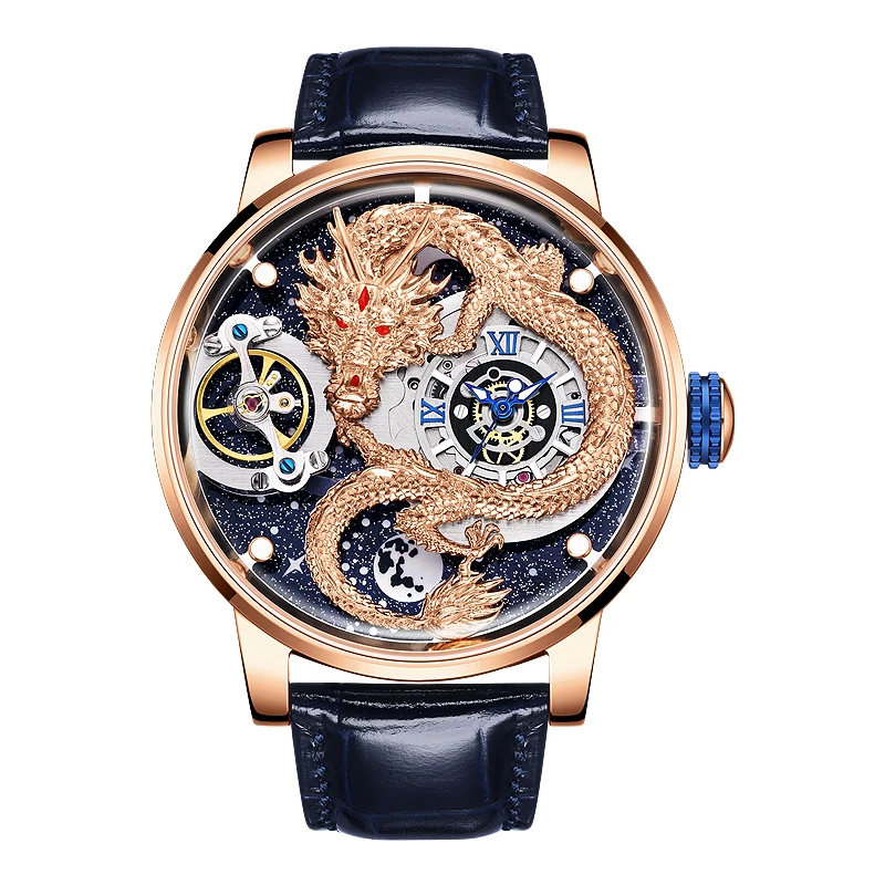 HANBORO Men's Rose Golden Dragon Sculpture Mechanical Watch Starry Sky Dial Hollow Flywheel Design Collector's Formal Watch1018