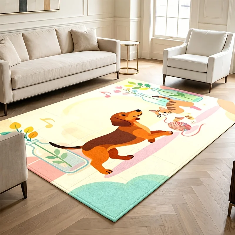 Cartoon Dachshund Cat Animal Area Rug Cute Pet Floral Bottle Music Note Print Floor Carpet for Housewarming Decor Gift Ornament