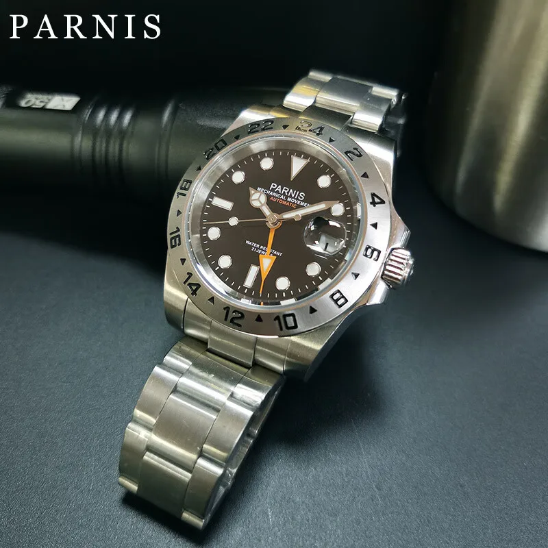 Casual Parnis 40mm Silver Case Mechanical Men Watches Orange GMT Hands Calendar Automatic Watch For Men relogio masculino 2024