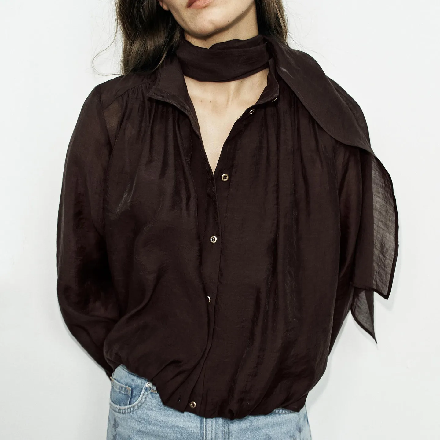 Adjustable Scarf Shirt Long Sleeve Stand Collar Pleated Women's Autumn Fashion 2026 Zadata Standard Fit Short Outerwear