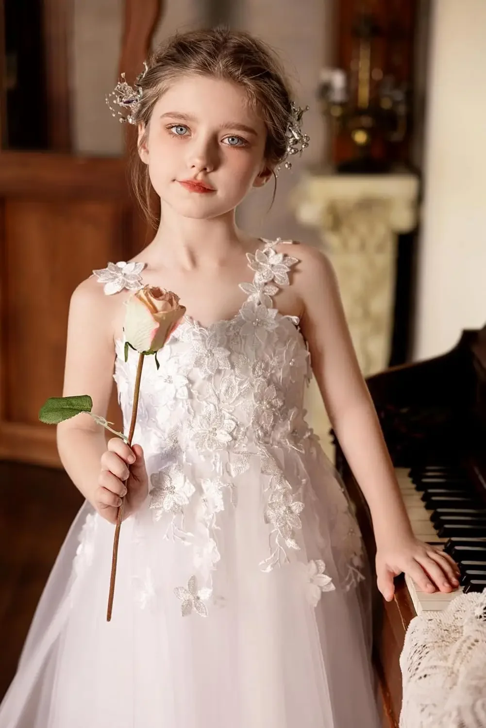 3D Flower Appliques Dress First Communion Dresses for Girls Tulle Flower Girl Dress for Wedding pageant dresses for girls