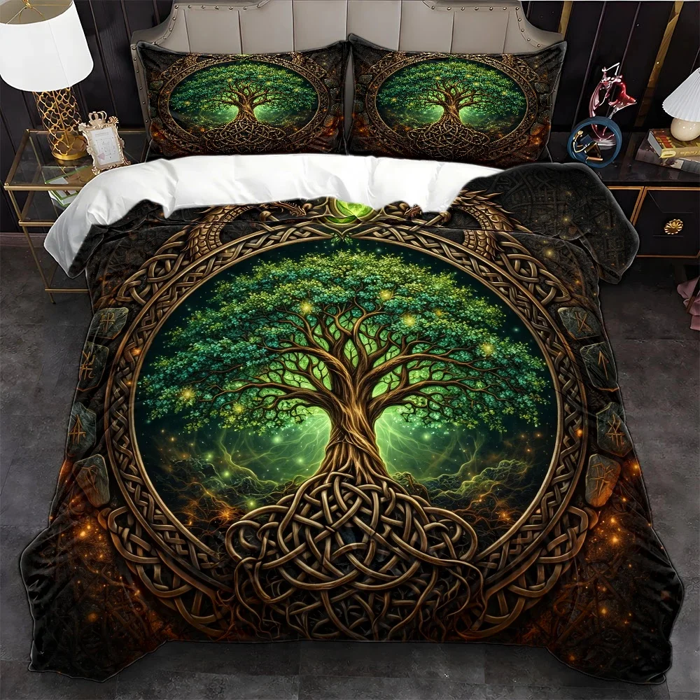 Nordic Mythology World Tree Duvet Cover Set 3Pc Double Bed Bedding Set Vintage Dragon Rune Pattern Machine Washable Comfortable