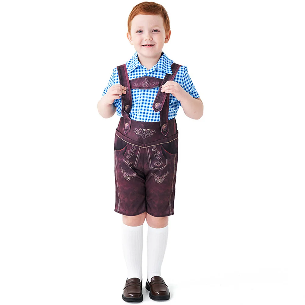 Kinderen Oktoberfest Kostuum Drie Kleuren Geruite Shirts Lederhosen Bavarian Duits Bier Boy Pak Cosplay Halloween Kostuum