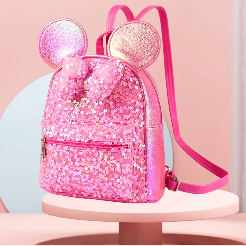 Disney Mickey Cartoon Backpack Personalized Cute Fashion Bow Sequined Bag Princess Girl Beautiful Lightweight Temperament Bag