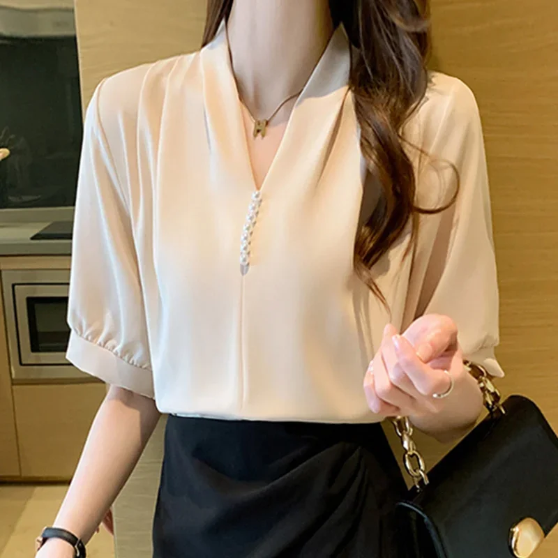 Elegant V Neck Chiffon Blouse Summer New Short Sleeve Solid Color Thin All-match Shirt Tops Temperament Fashion Women Clothing