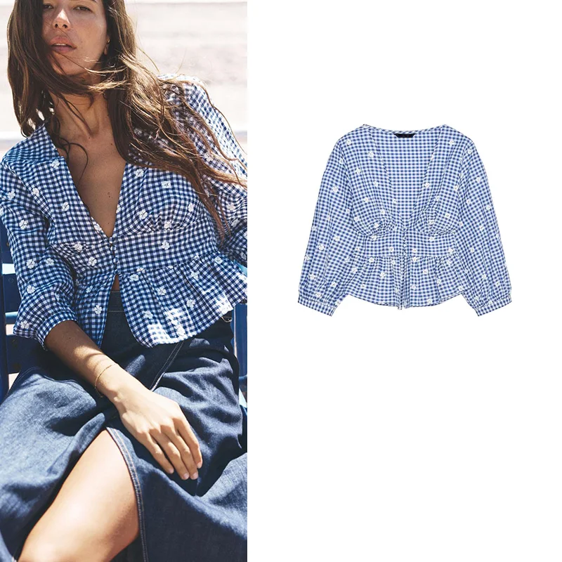 Summer New Women's Embroidered Puffy Sve V-ne irt Floral Design Beach Vaion Sle Slim Fit Long Sve Polyester Fiber